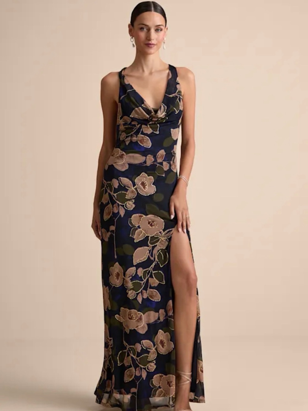 Lulu's Navy Floral V-Neck Maxi Dress with Beige Floral Print